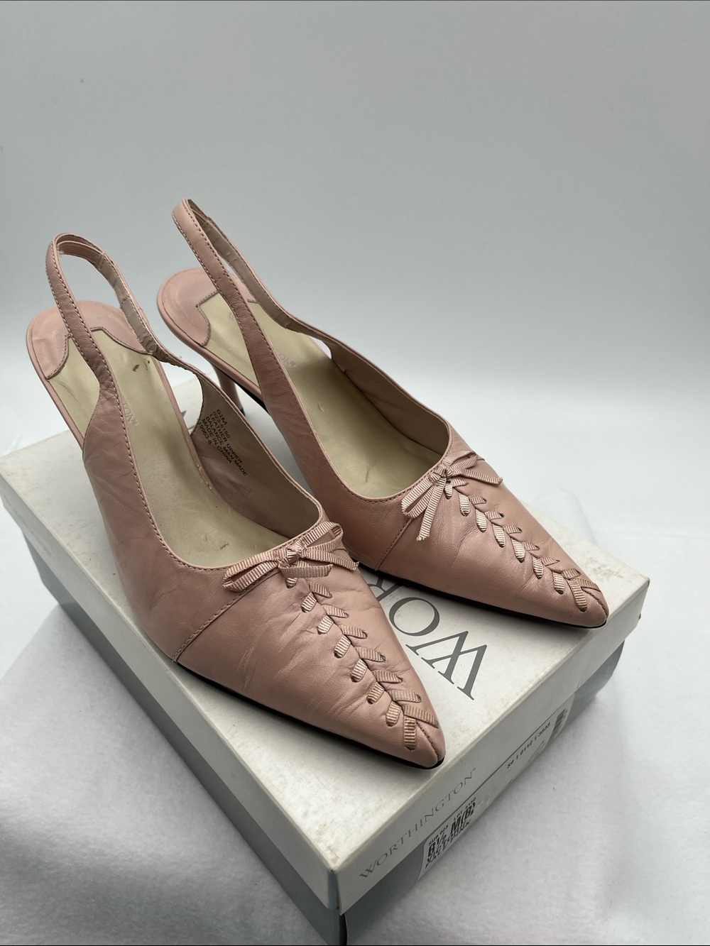 Blush Pink Pointed Toe Leather Slingback Pumps with Corset and Bow Detail